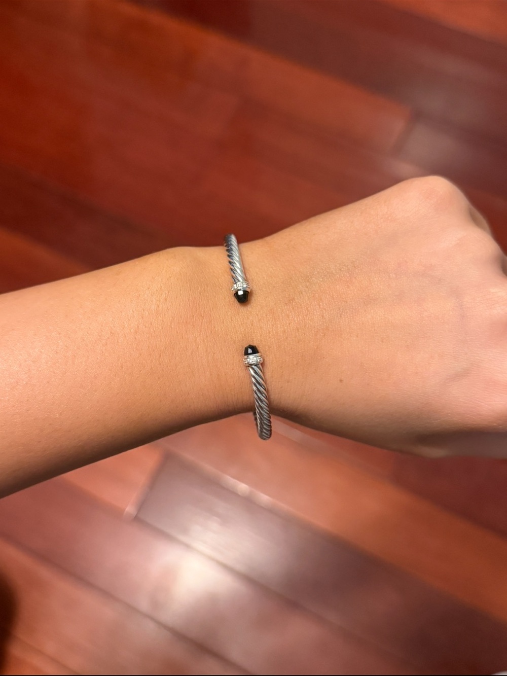 David Yurman Silver Cable Open Cuff with Black Stone Ends